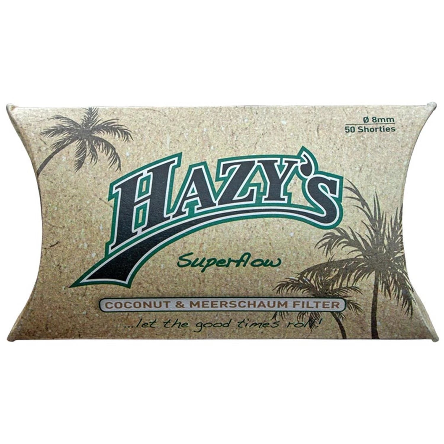 Hazy's Superflow Coconut & Meerschaum Filter 50er Pack Shorties – kissenförmige Verpackung in Korkoptik mit Palmen-Illustration, grünem Hazy's-Schriftzug und Aufschrift "...let the good times roll!", Ø 8mm, 50 Shorties